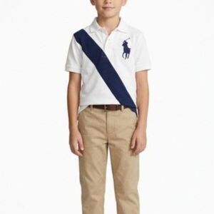 Polo Ralph Lauren Boy's White Navy Diagonal Stripe Big Pony SS Rugby Shirt Sz M
